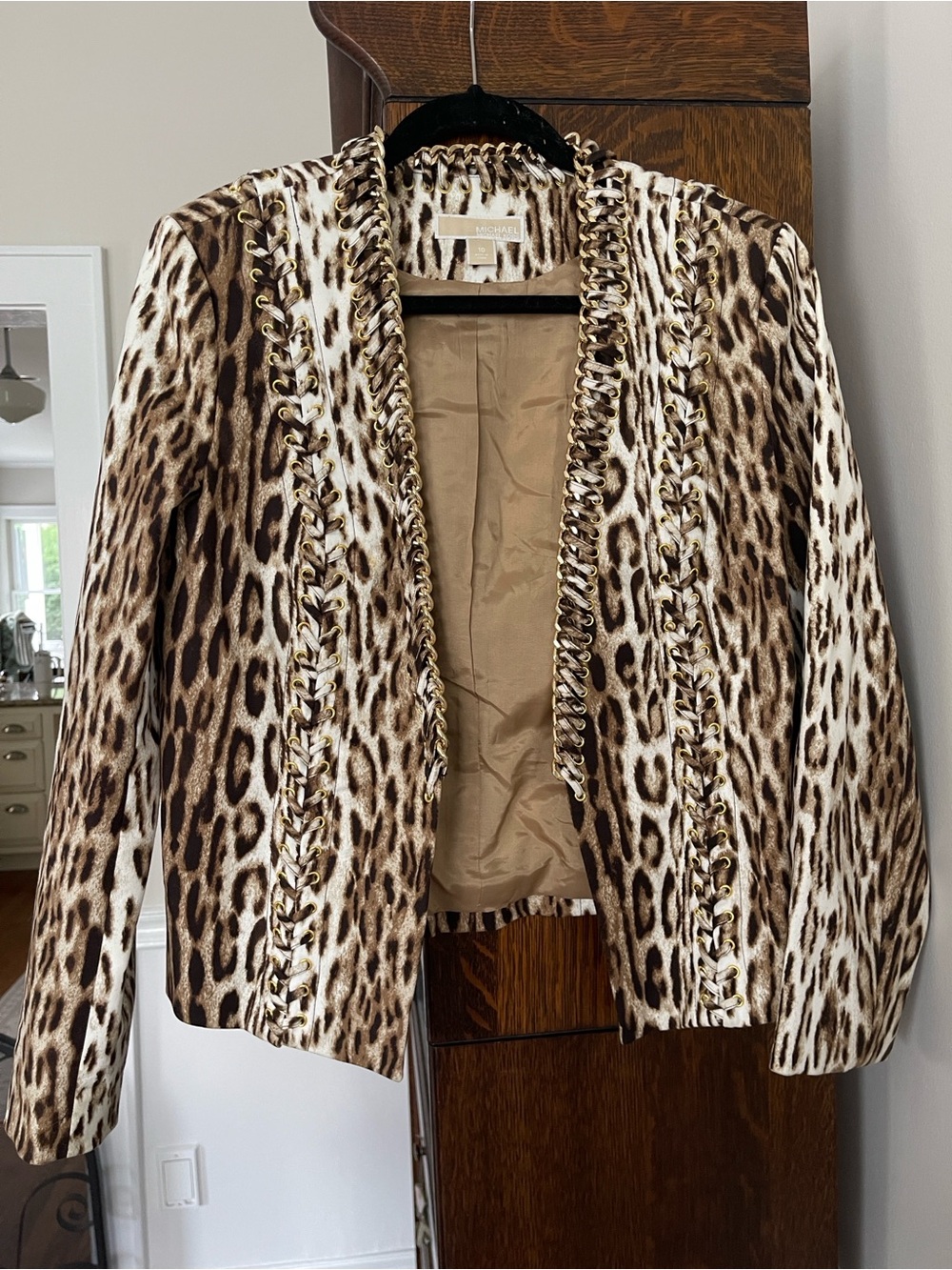 Michael Kors Leopard Print Chain-Trim Open Jacket - Brown/White - Picture 8 of 8